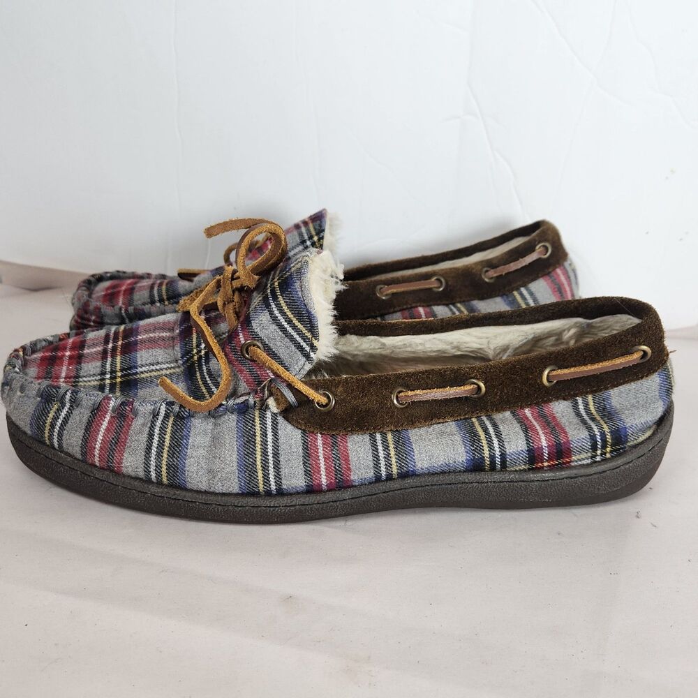 Brooks Brothers Slippers Mens Size 12M Gray Plaid Textile Leather sherpa Lined